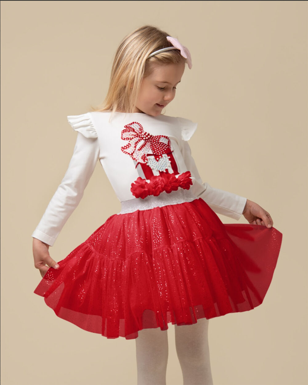 Caramelo Red & White Tulle Skirt Set
