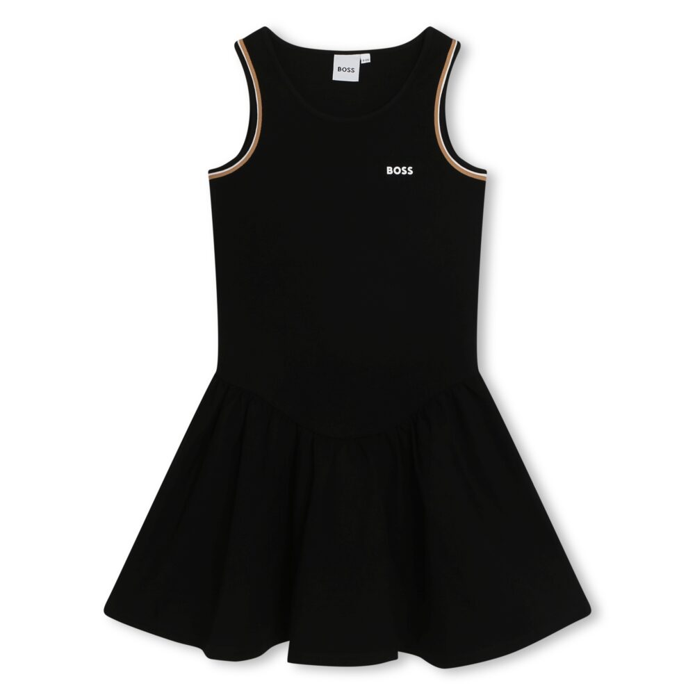 BOSS black logo dress for girls. Designer details include a white logo stamped on the chest and the label's signature tricolour branding on the arm holes. The tank top is fitted and the dropped waist skirt is loose. Great for warmer weather, this sporty, sleeveless piece is made in silky and stretchy lycra.